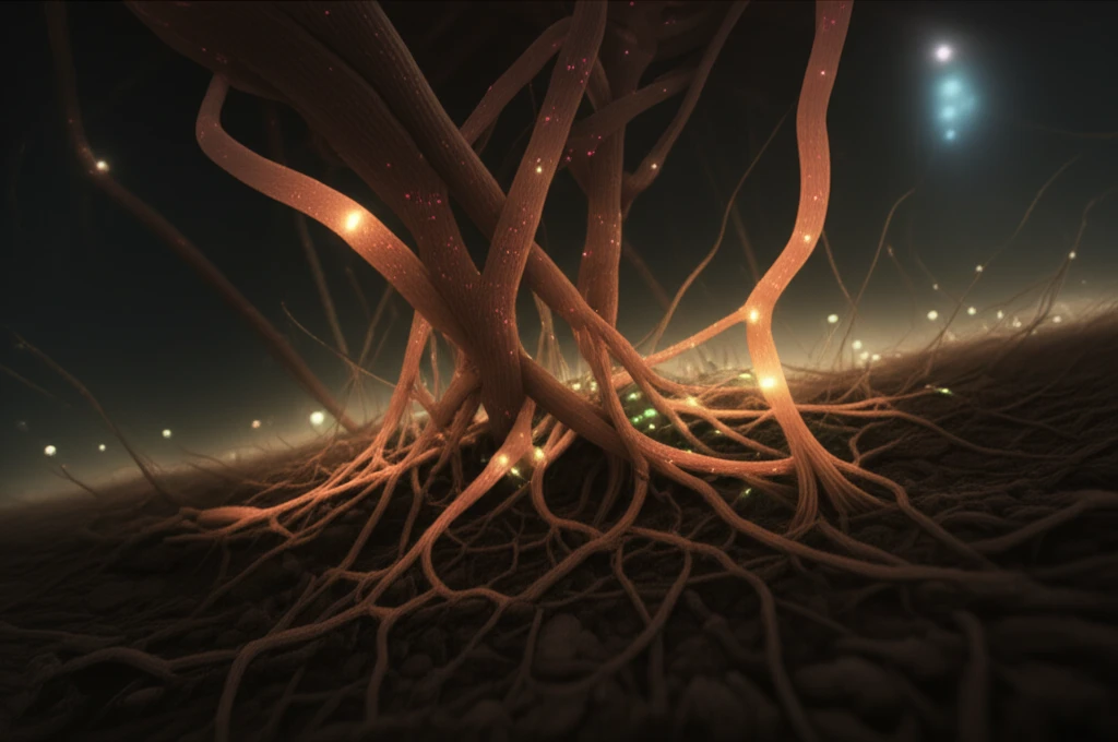 Bioluminescent fungal network beneath the soil.
