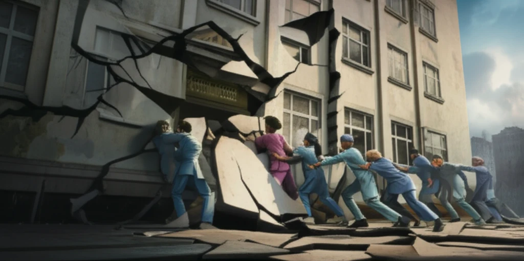 Crumbing hospital facade with cracks representing budget cuts