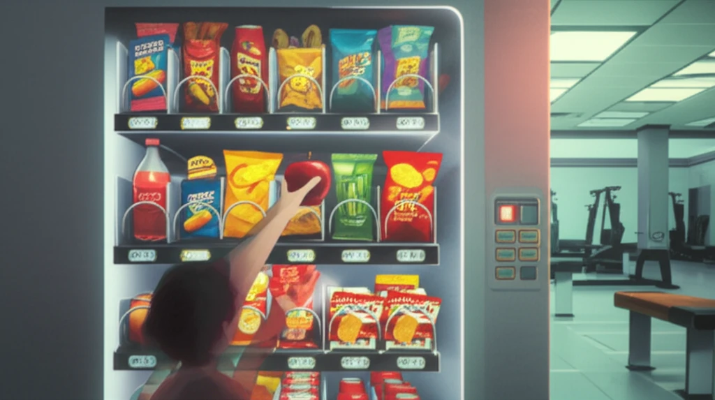 A person choosing an apple from a vending machine filled with junk food, symbolizing healthy choices in recreational facilities.