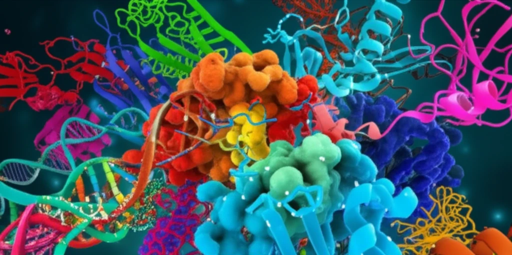 Digital illustration of interacting proteins with a highlighted mutation site.