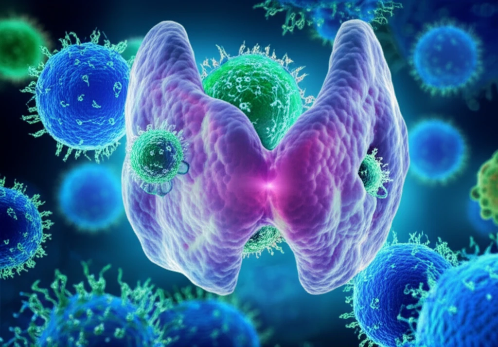 Illustration of immune cells interacting within a thyroid gland.