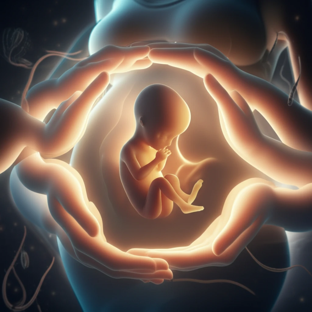 A pregnant woman surrounded by protective hands, symbolizing prenatal care and protection from congenital toxoplasmosis.