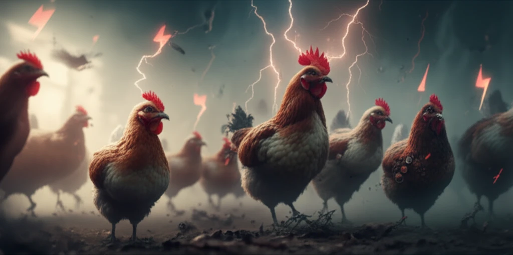 Digital illustration of chickens in a polluted environment symbolizing the effects of hydrogen sulfide on their health.