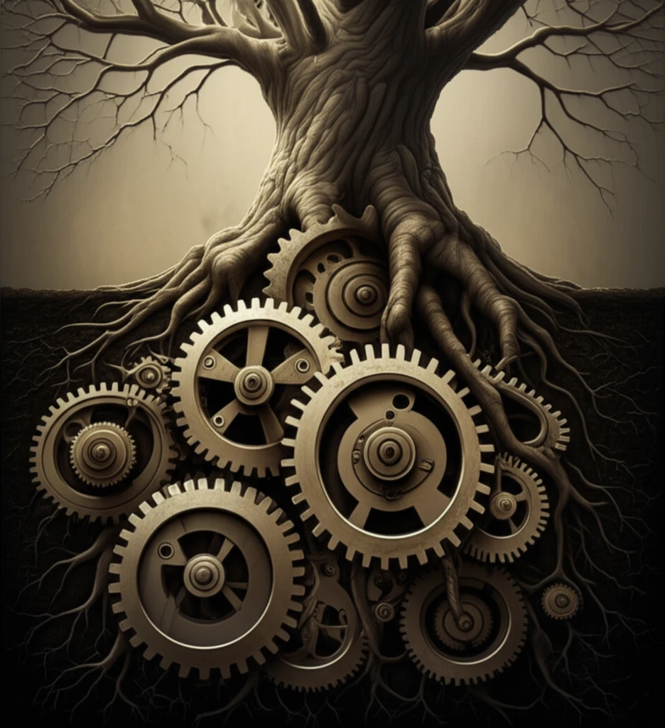 Illustration of gears merging into tree roots, symbolizing mechanical reliability.