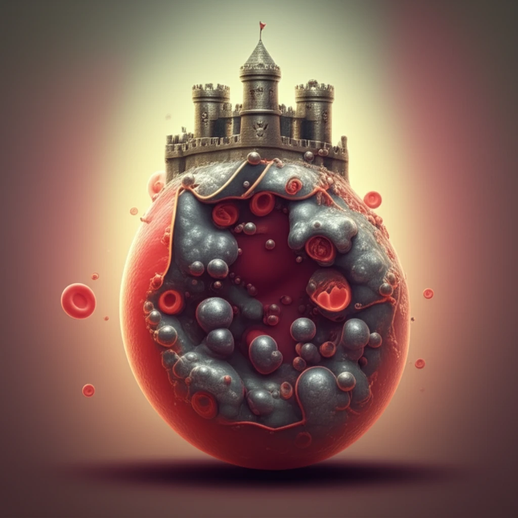 Blood cell transforming into an iron fortress, symbolizing iron balance in thalassemia.
