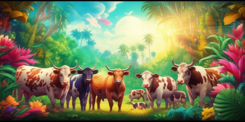 Diverse cattle breeds graze in a tropical paradise, symbolizing the benefits of crossbreeding.