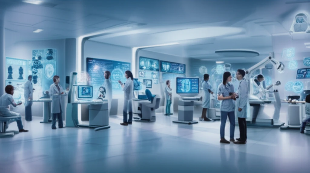 Futuristic doctor's office with holographic displays and diverse patients.