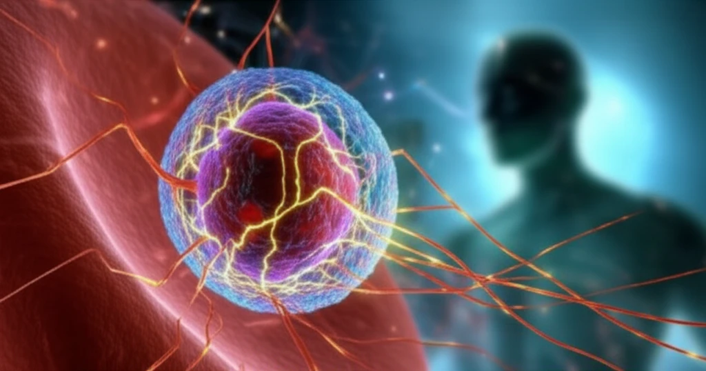Microscopic view of a malaria-infected blood cell transforming into a complex network, symbolizing metabolomics.