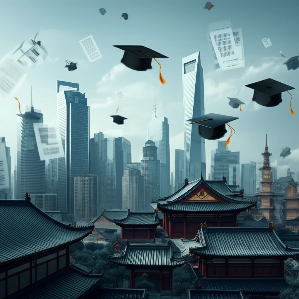 Symbolic illustration of education and regulation in China's cityscape.