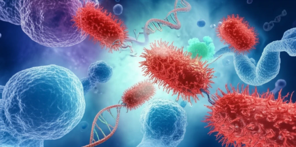 Microscopic view of Streptococcus pyogenes bacteria interacting with human immune cells.