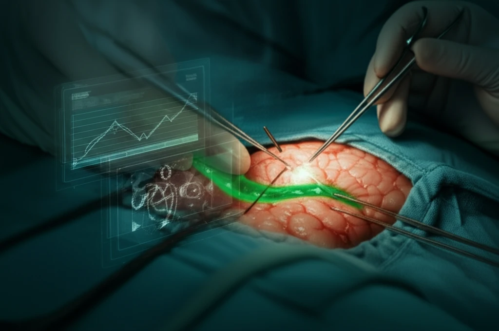 Illustration of surgeon meticulously performing anastomosis with indocyanine green dye highlighting tissue viability.