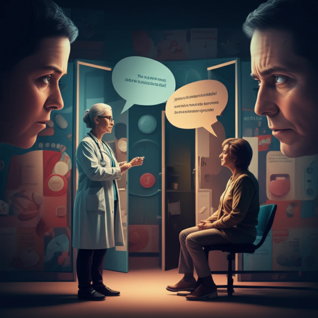 Doctor and patient in fragmented communication, surrounded by symbolic representation of health system distrust.