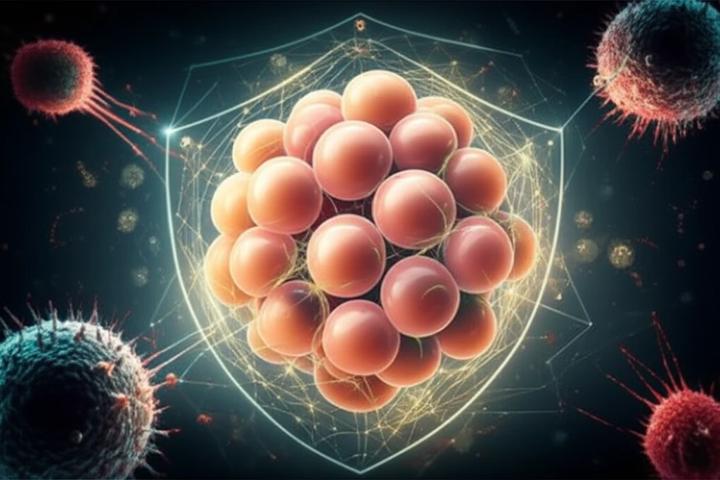 Protective Kinase Shield: A surreal illustration representing the role of IKKs in gastric cancer therapy, symbolizing targeted protection of healthy cells.