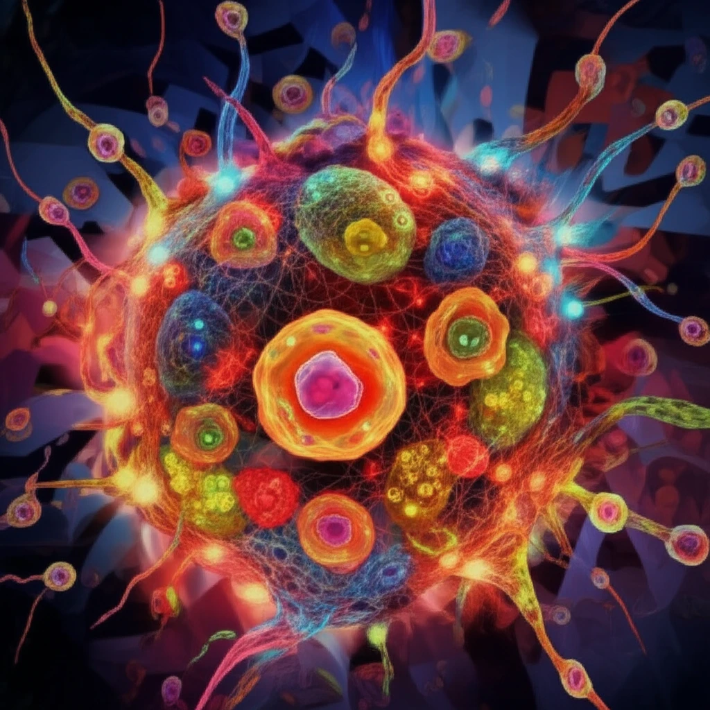 Illustration of germinal centers with immune cells interacting against HIV.