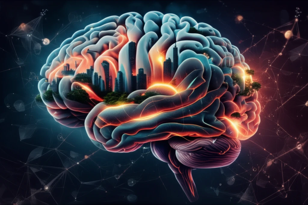 Brain with interconnected cityscapes and landscapes symbolizing social creativity.