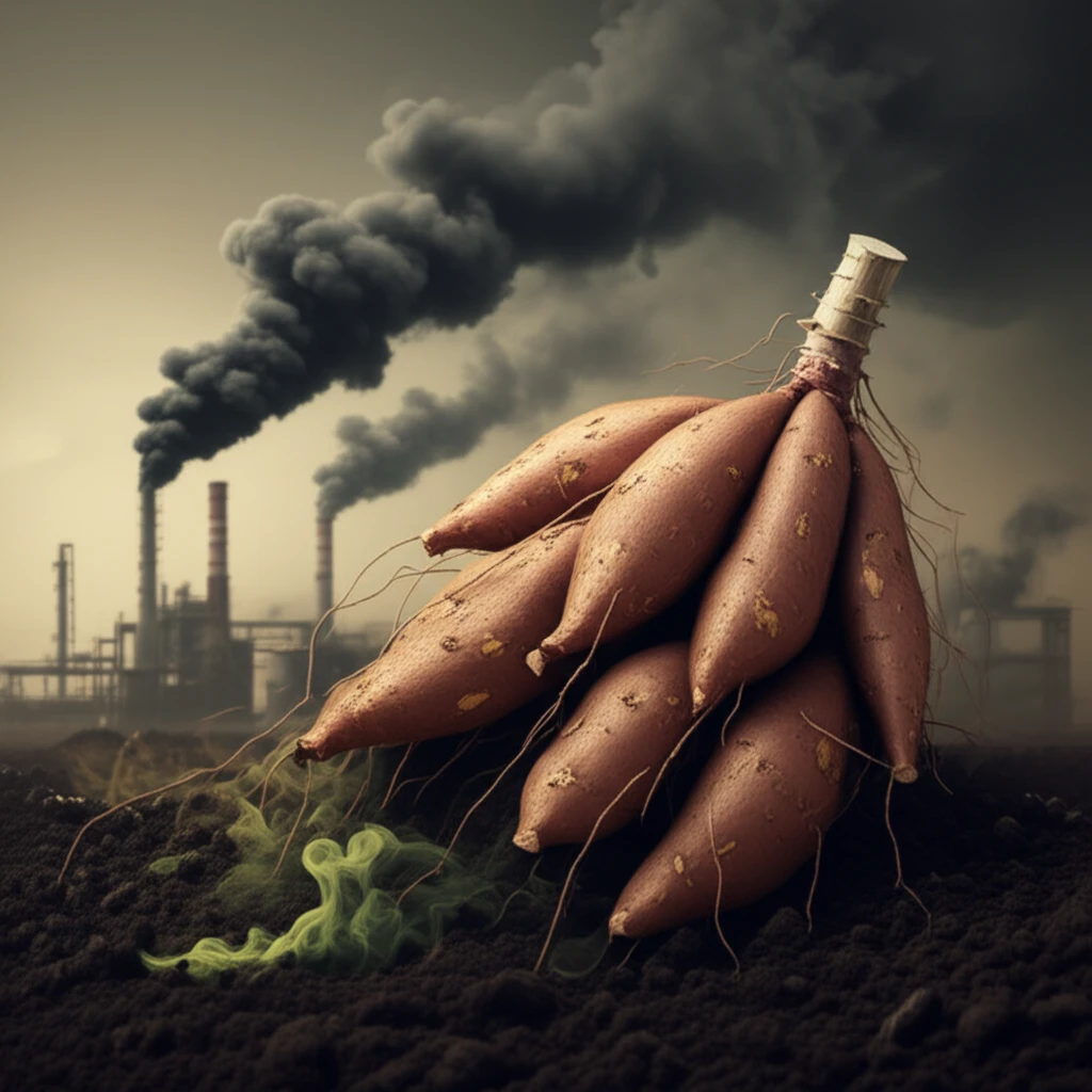 Cassava roots transforming into polluted soil.