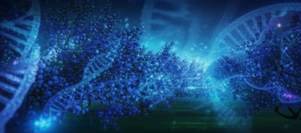Blueberry field with glowing DNA strands symbolizing genetic diversity.