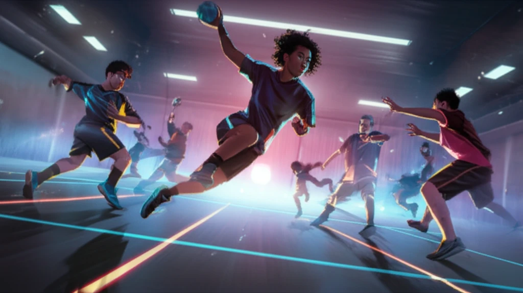 A diverse group of young adults playing handball on a futuristic court.