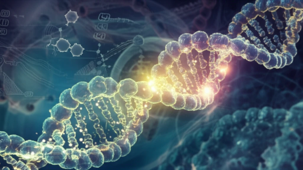 Surreal illustration of a DNA strand with uracil molecules, symbolizing genomic instability and repair processes.