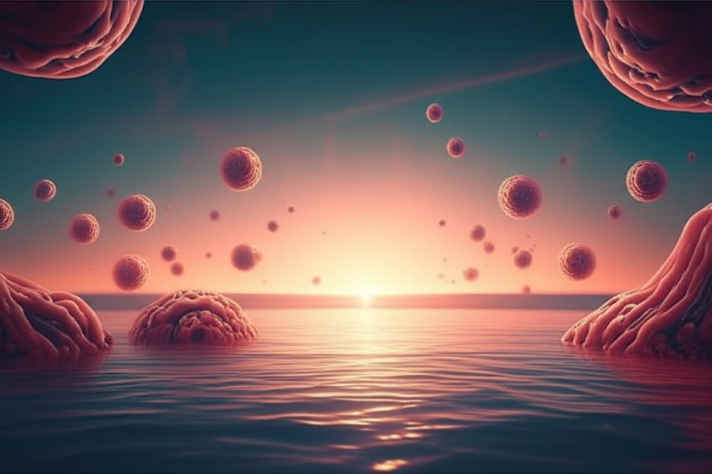 Microscopic view of liposarcoma cells transforming into a hopeful sunrise, symbolizing the potential of pazopanib therapy.