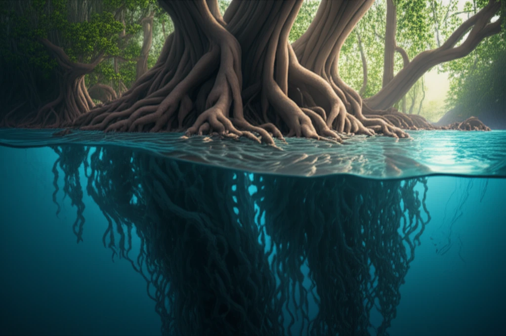 Mangrove forest illustration, symbolizing carbon capture.