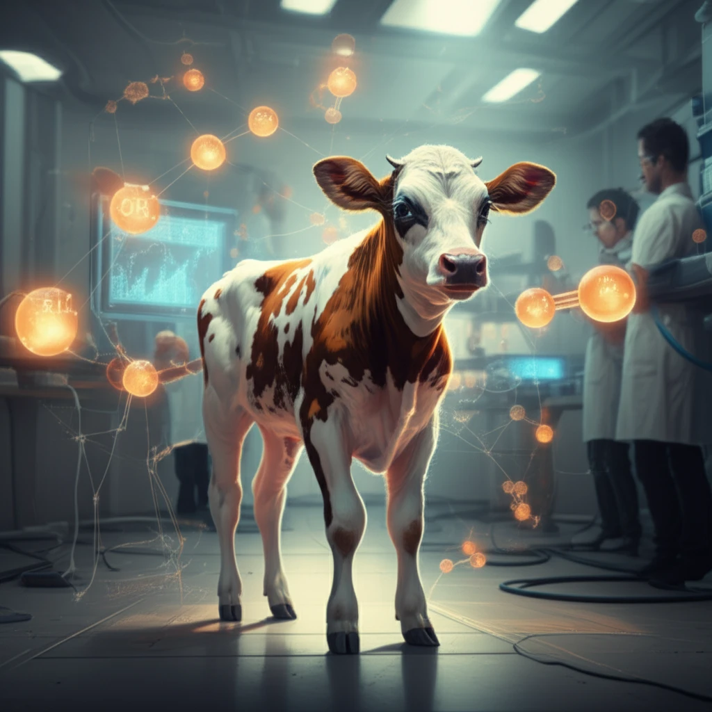 Digital illustration of a calf in a lab setting, surrounded by glucose and BHBA molecules, symbolizing metabolic health.