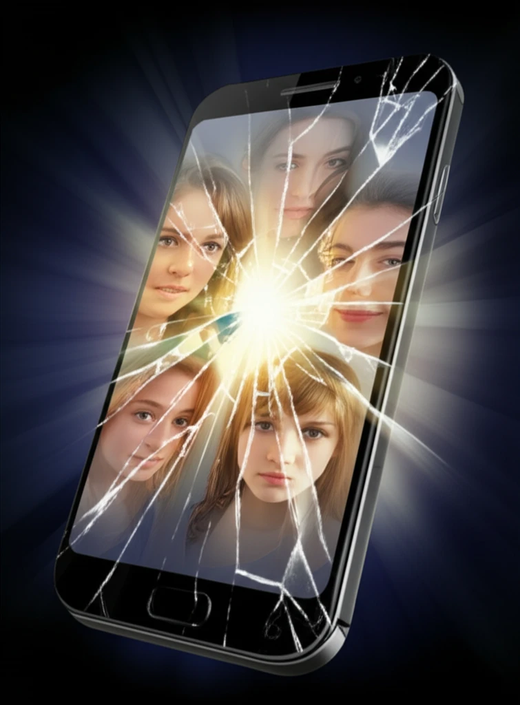 Cracked phone screen with distorted faces and light rays, symbolizing hope and recovery from teen suicide risk.