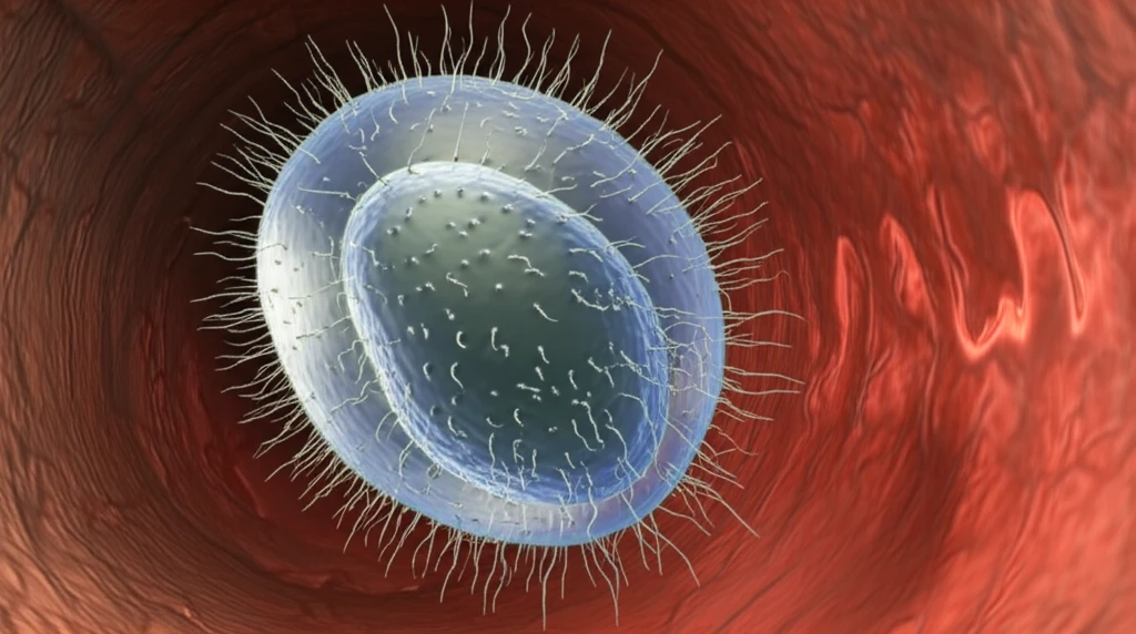 Microscopic view of Balantioides coli ciliate protozoa inside a mammalian intestine.