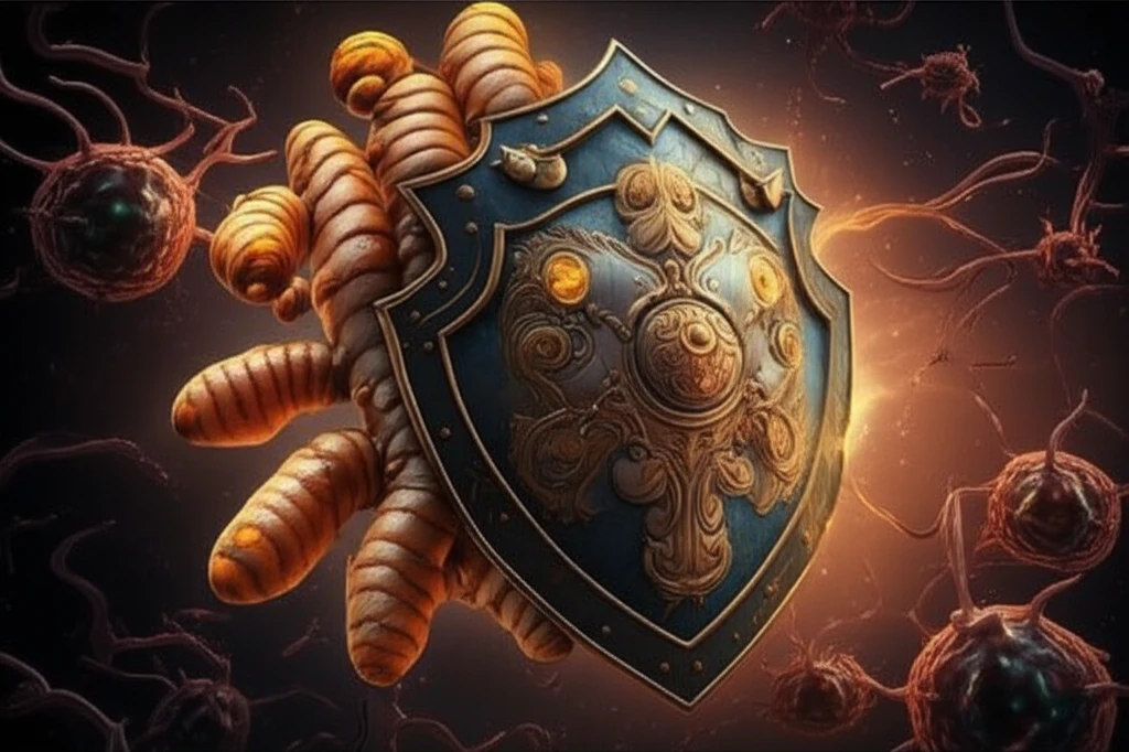 Turmeric root shield protecting healthy cells from cancer.