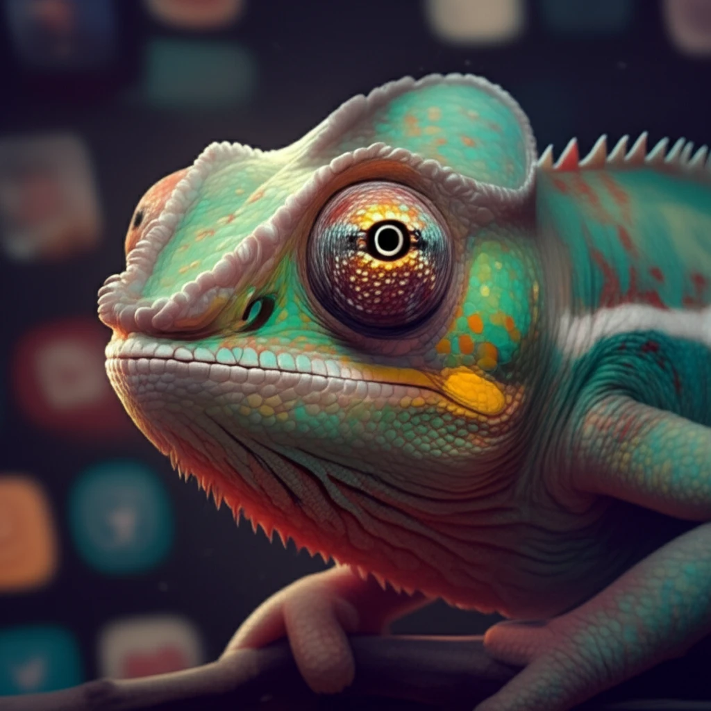 Chameleon blending into social media, symbolizing flexible identities and impostor anxiety.