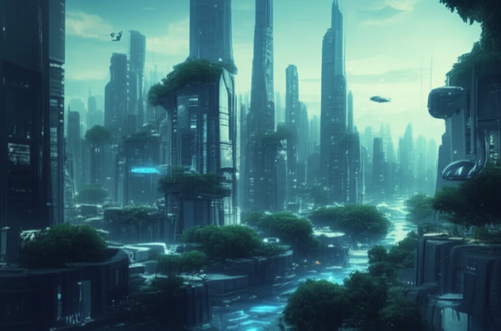 Futuristic city blending nature and technology, symbolizing resilience and sustainability.