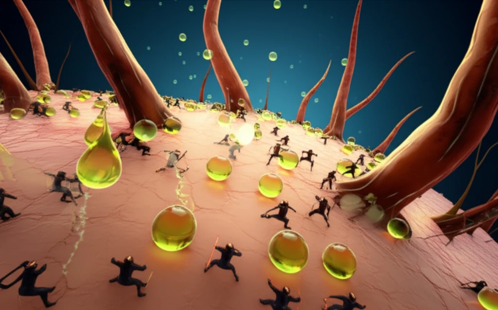 Microemulsion droplets attacking fungal structures on skin.