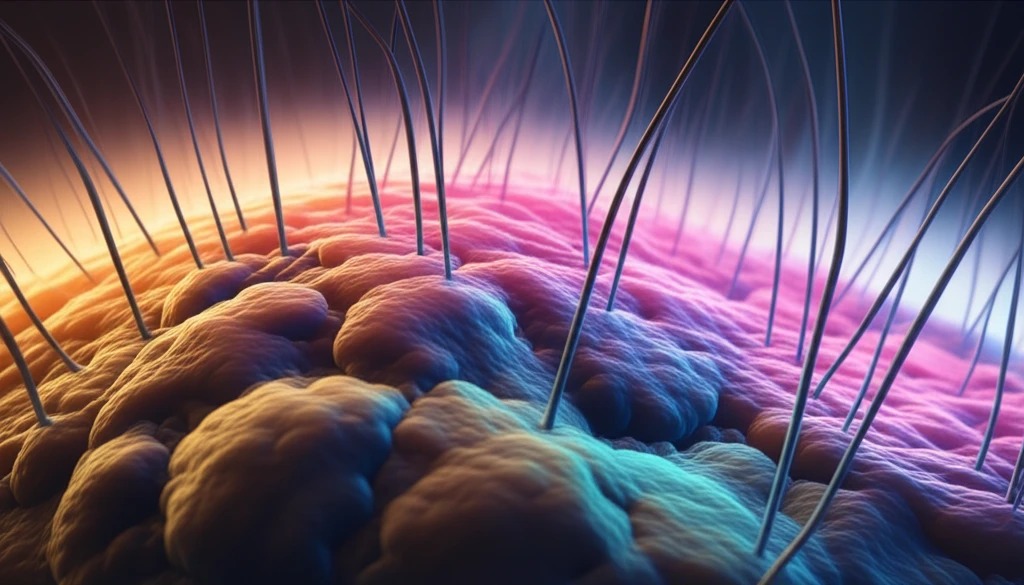 Microscopic illustration of the tectorial membrane interacting with hair cells in the inner ear.