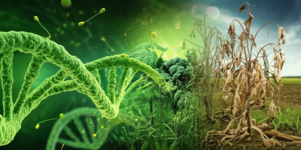DNA strands protect plants from microscopic fungal spores, symbolizing genetic insights in disease management.