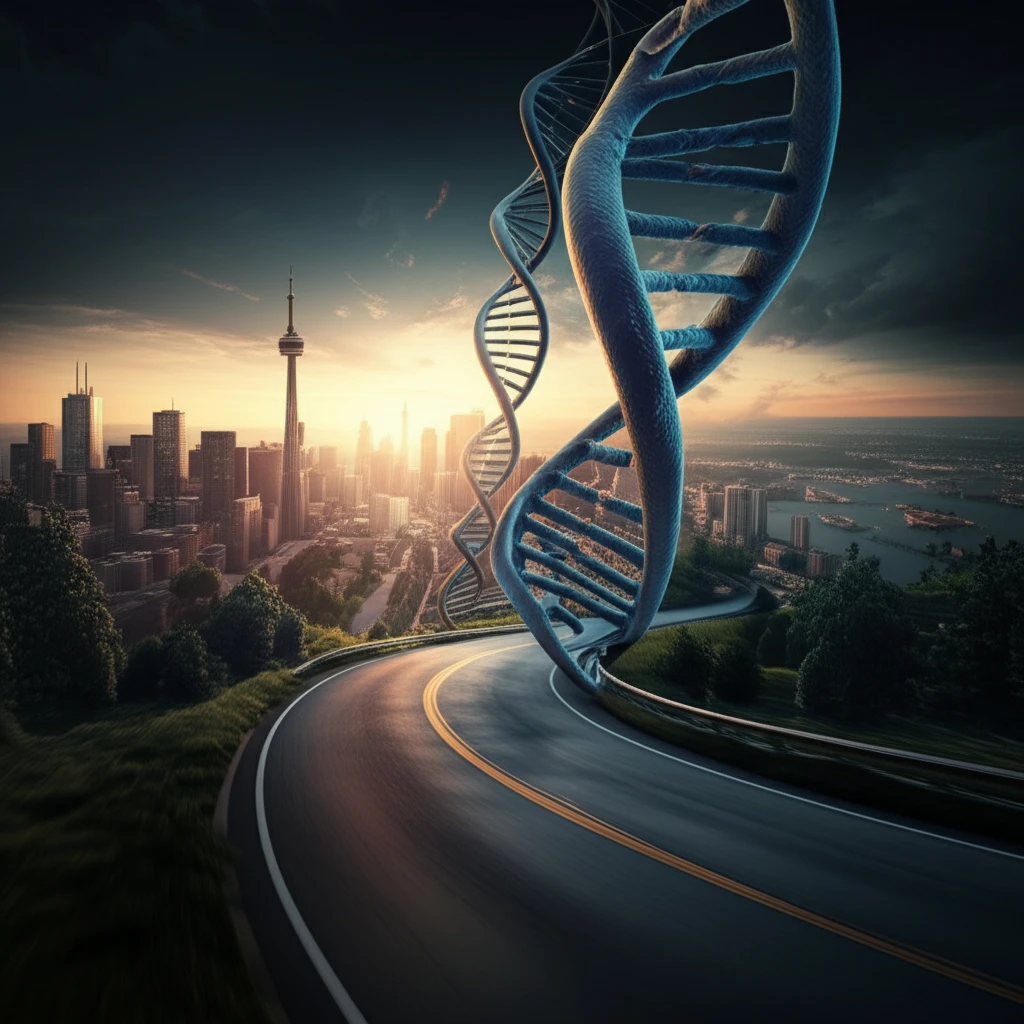 DNA helix road with Canadian cityscape symbolizing personalized medicine.