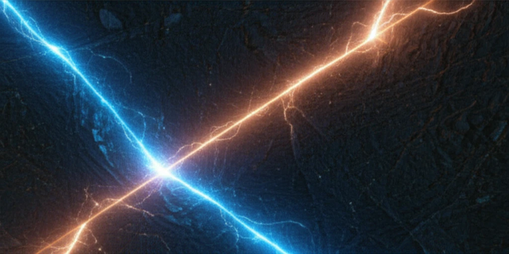 Microscopic alpha particle tracks glowing against a mineral background.