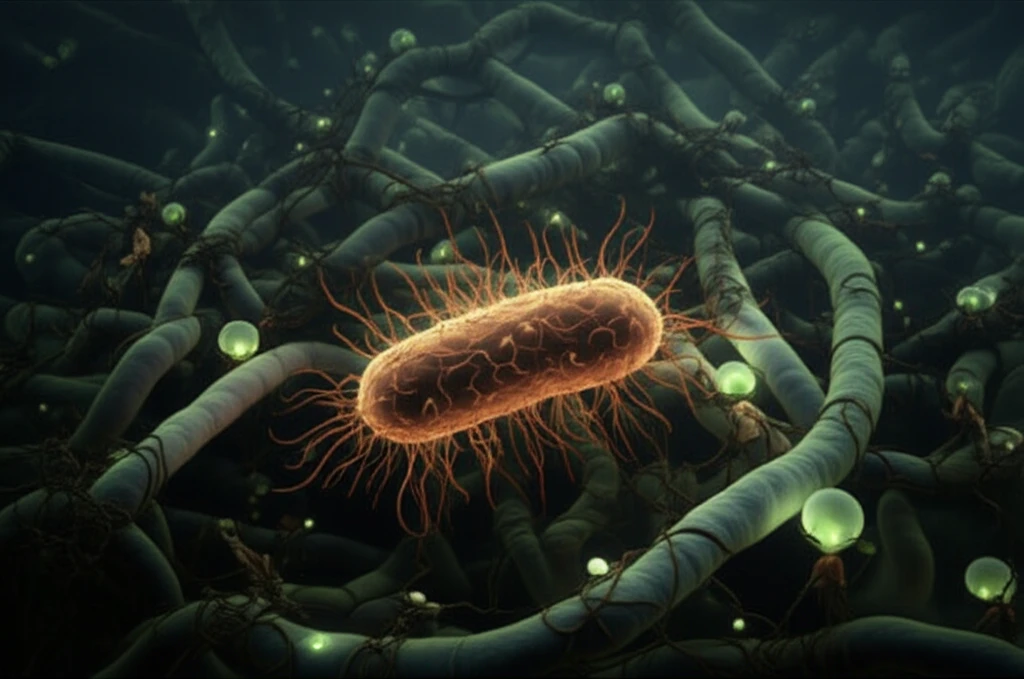 Surreal illustration of bacterial enzymes creating complex molecular structures.