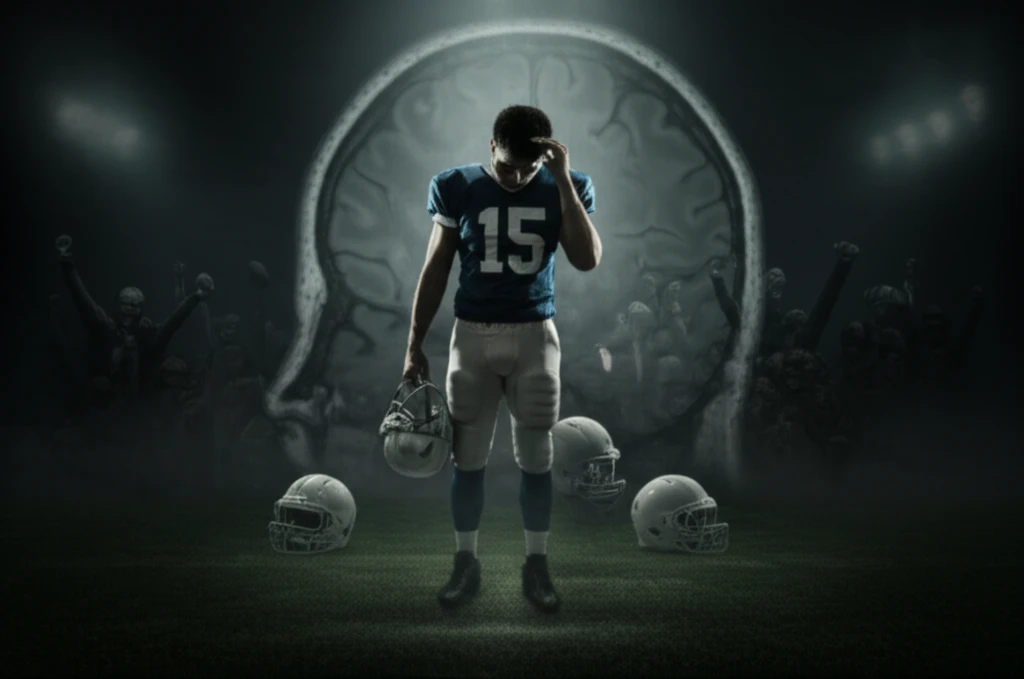 Image representing the potential long-term neurological effects of concussions on former college football players, depicted through a surreal and symbolic composition.