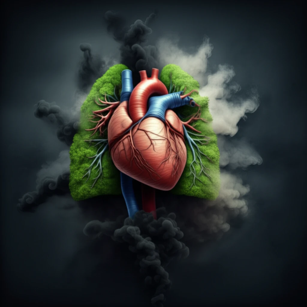 Interconnected lungs and heart symbolizing COPD and cardiovascular health, with smoke clearing to reveal vibrant greenery.