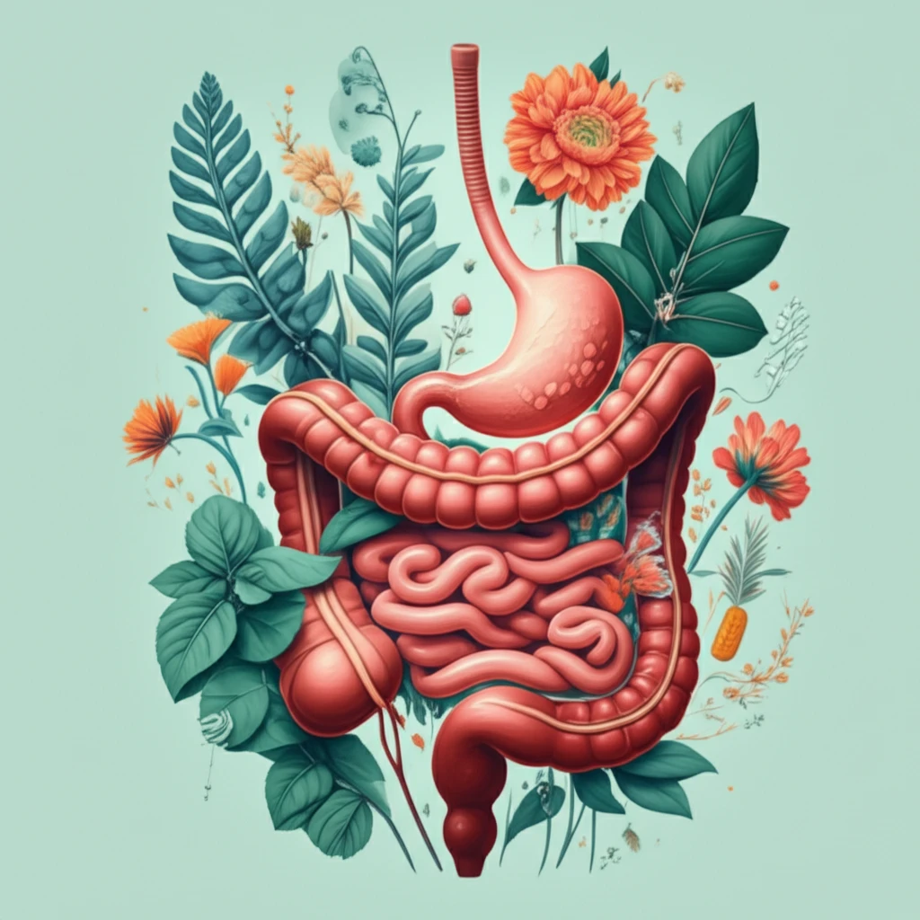 Digestive tract intertwined with medicinal plants, symbolizing balance in IBD treatment.