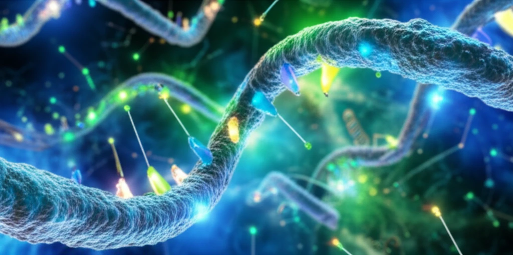 Microscopic landscape with DNA strands and probes, symbolizing virus detection with FMCA.