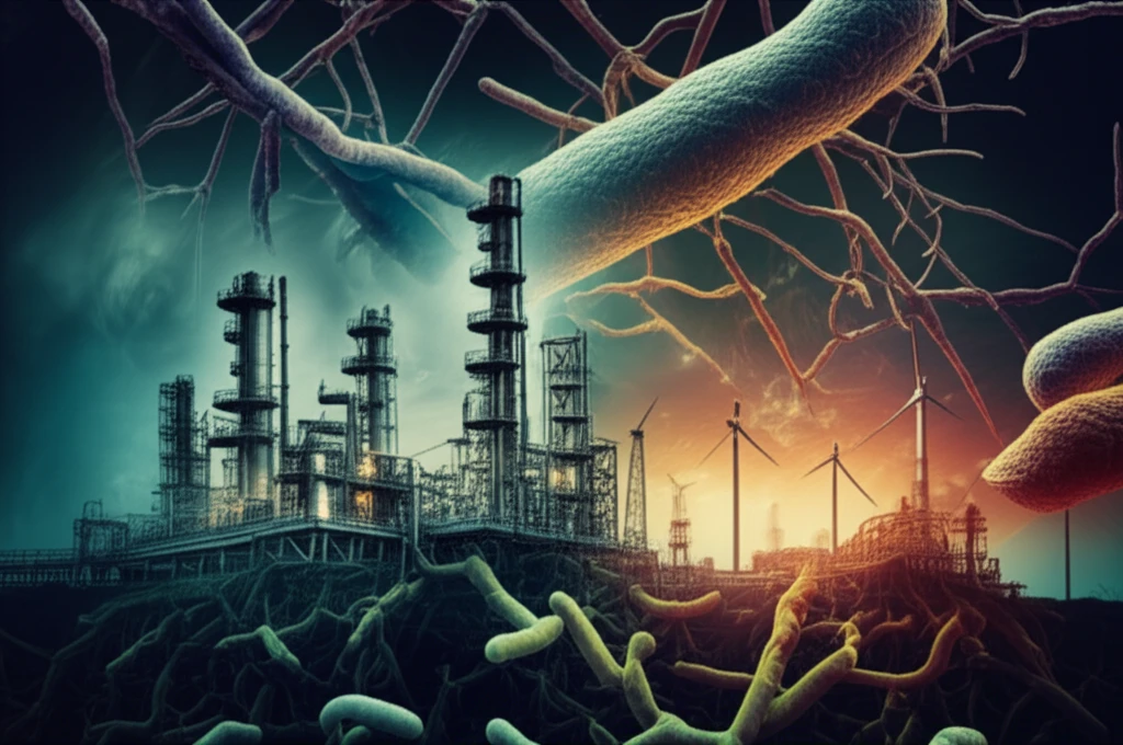 Microscopic actinobacteria integrated into a sustainable industrial landscape.