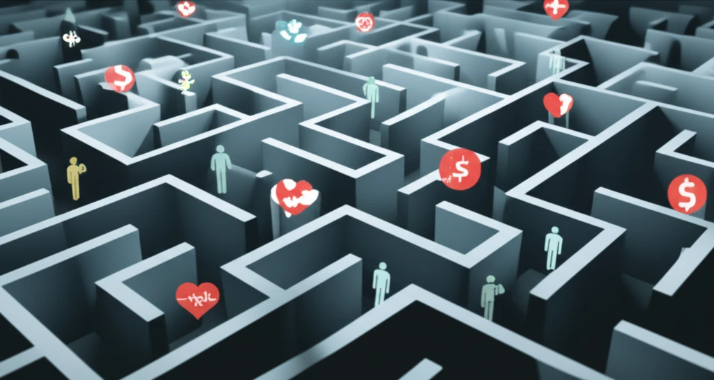 A surreal illustration symbolizing the complexities of sickness absence and its relationship to employment status, featuring figures navigating a labyrinth.