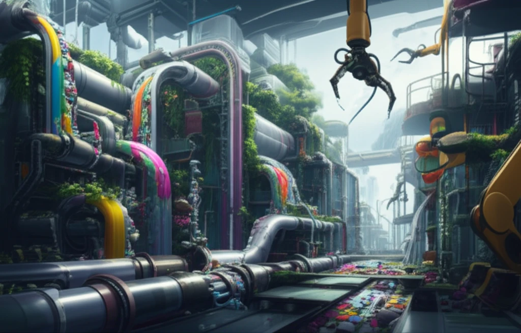 Futuristic recycling plant with robotic arms and colorful waste streams, surrounded by greenery.