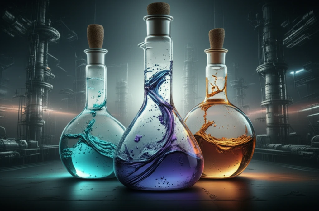 Surreal illustration of chemical mixtures swirling in beakers, representing thermal properties and chemical engineering.