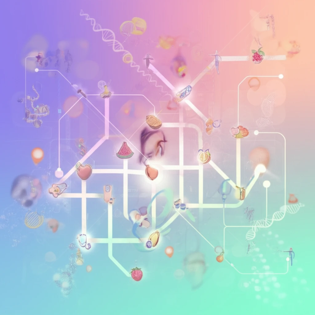 Interconnected pathways showing beta-blockers, healthy foods, and gene strands