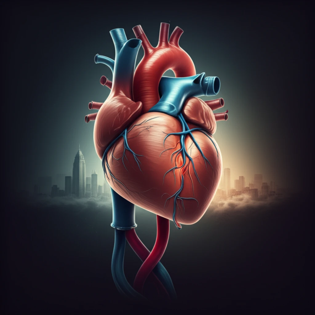 Stylized digital illustration of a human heart with arteries leading to a city skyline, symbolizing successful cardiac intervention.
