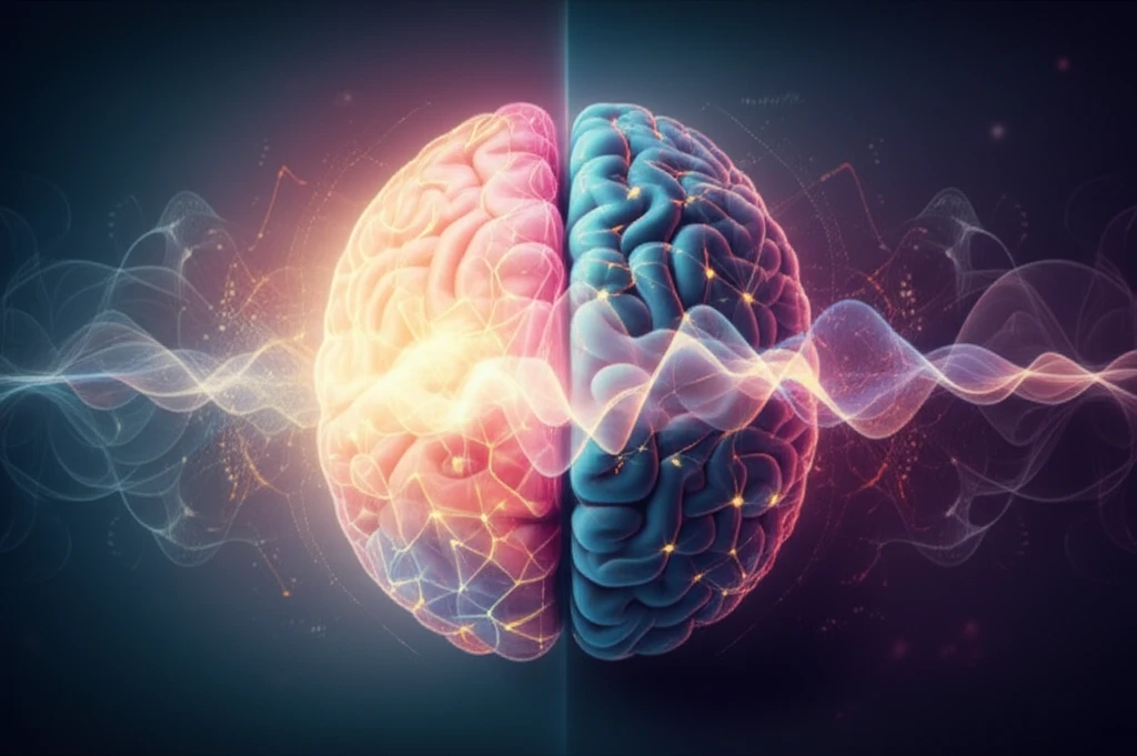Illustration of brain hemispheres with varying levels of neural activity, symbolizing brain excitability asymmetry in multiple sclerosis.