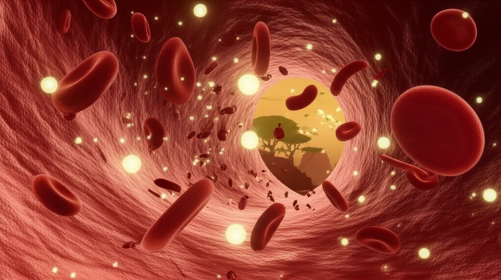 Illustration of sickle-shaped cells and nitric oxide molecules in blood vessels.