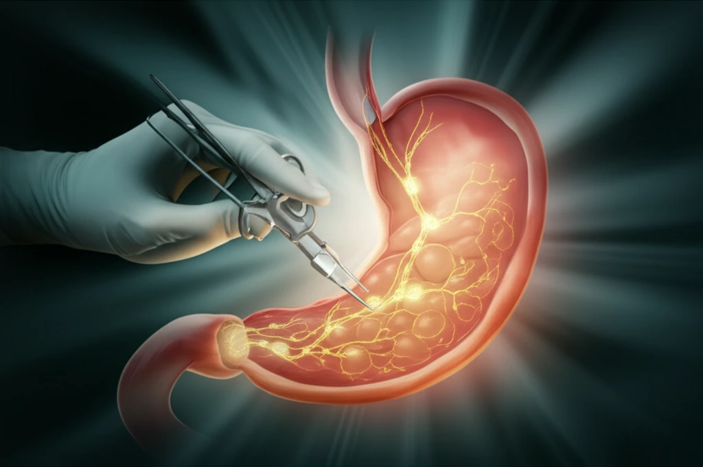 Surreal illustration of a surgeon removing lymph nodes from a stomach